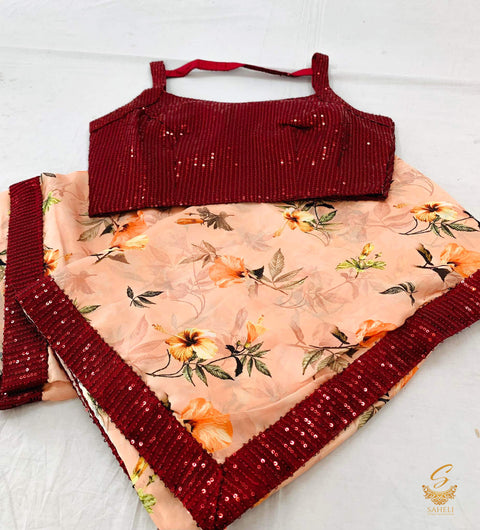 Maroon colour sequin work stitched blouse with readymade soft satin silk floral print saree (blouse size 38 , Upto 42)