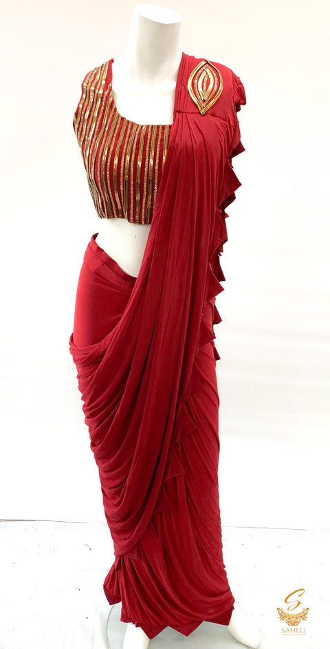 Maroon colour golden stone work stitched blouse with readymade soft stretchable saree (blouse size 38 , Upto 40)