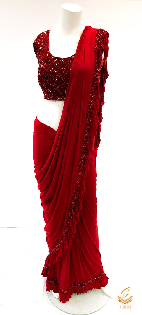 Size 38(upto 40) Maroon colour velvet based sequined readymade blouse with readymade Maroon colour saree