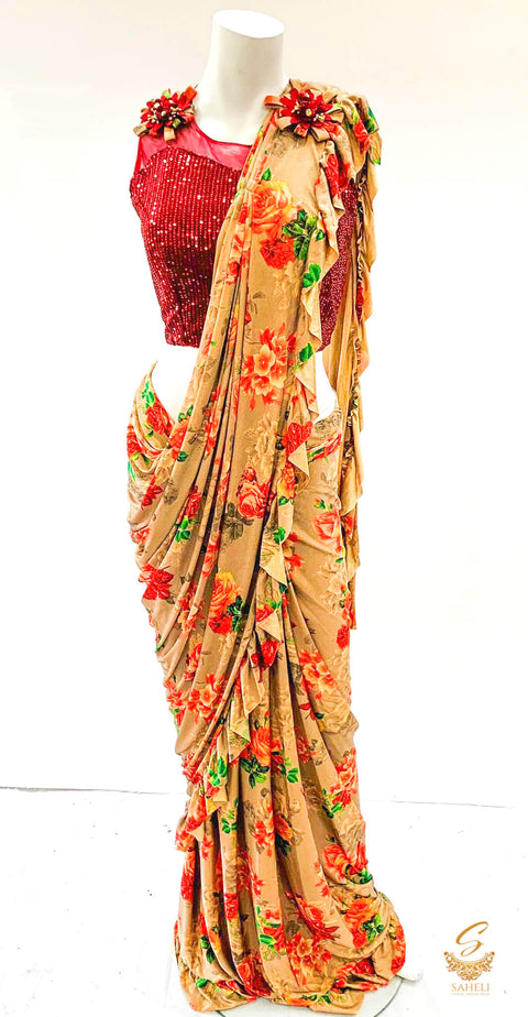 Floral print beautiful stretchy fabric saree with sequin work readymade blouse size 40 (upto 44)