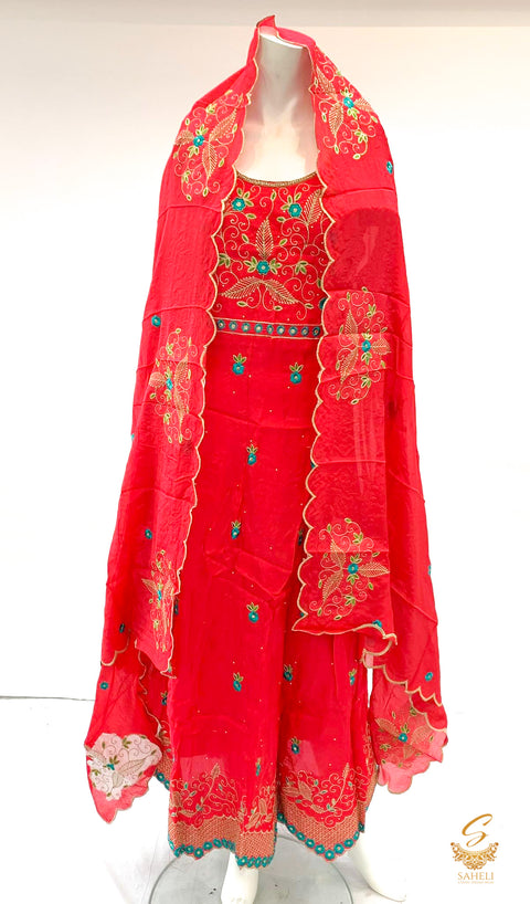 Mazenta colour pure tassar silk all over handwork embroidery & sippy work anarkali Stitched  suit with unstitched bottom fabric(we can stitch the bottom fabric(anything salwar/plazo/pent) with handwork heavy embroidery designer dupatta