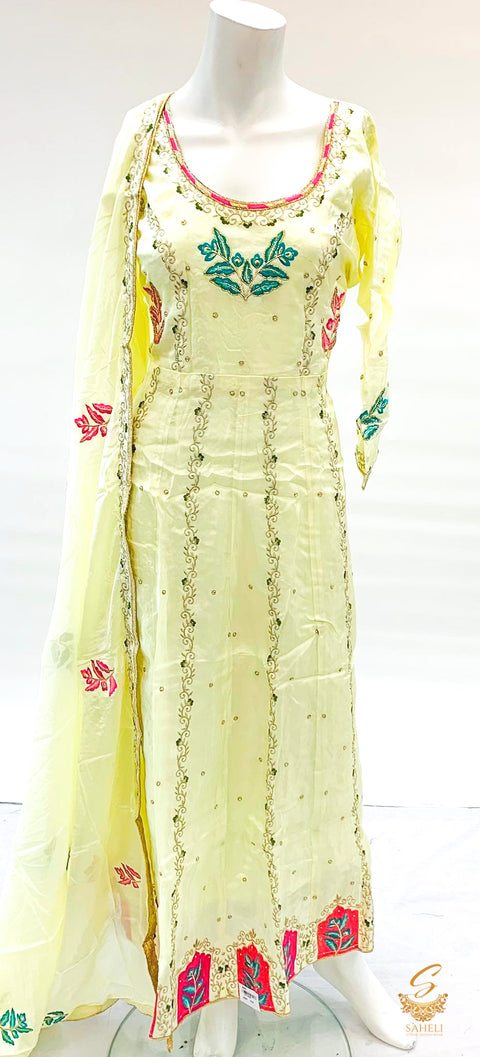 Pastel lemon colour pure tassar silk all over handwork embroidery & sippy work anarkali Stitched  suit with unstitched bottom fabric(we can stitch the nottom fabric(anything salwar/plazo/pent) with handwork heavy embroidery designer dupatta