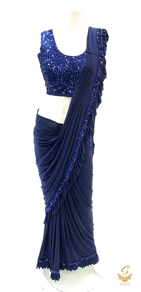 Size 38(upto 40) Blue colour velvet based sequined readymade blouse with readymade dark blue colour saree