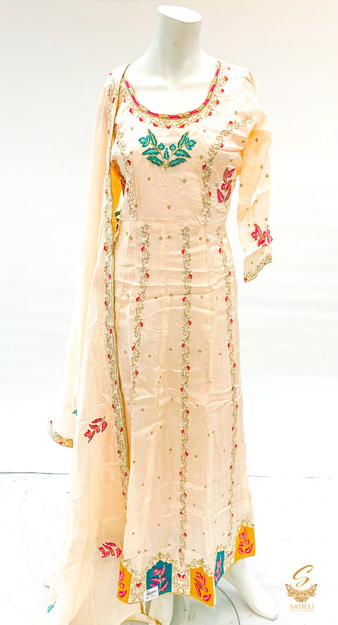 Pastel Peach colour pure tassar silk all over handwork embroidery & sippy work anarkali Stitched  suit with unstitched bottom fabric(we can stitch the nottom fabric(anything salwar/plazo/pent) with handwork heavy embroidery designer dupatta