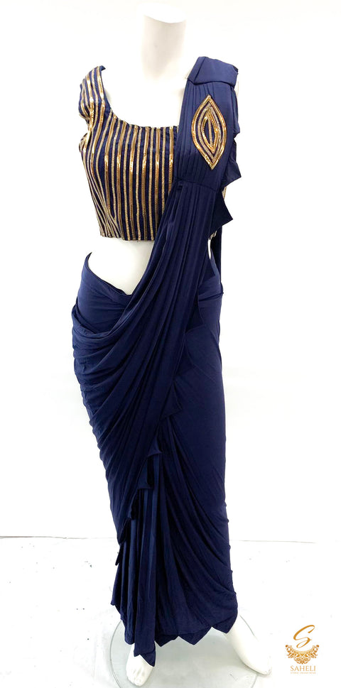 Nevi Blue colour golden stone work stitched blouse with readymade soft stretchable saree (blouse size 38 , Upto 40)
