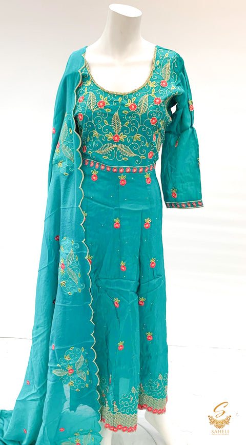 Teal colour pure tassar silk all over handwork embroidery & sippy work anarkali Stitched  suit with unstitched bottom fabric(we can stitch the bottom fabric(anything salwar/plazo/pent) with handwork heavy embroidery designer dupatta