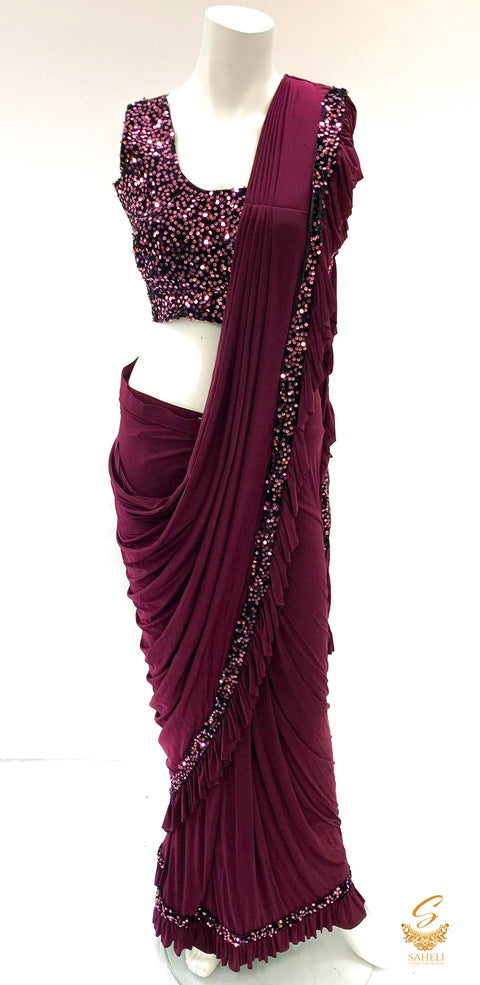Size 38(upto 40) black purple colour velvet based sequined readymade blouse with readymade dark purple colour saree