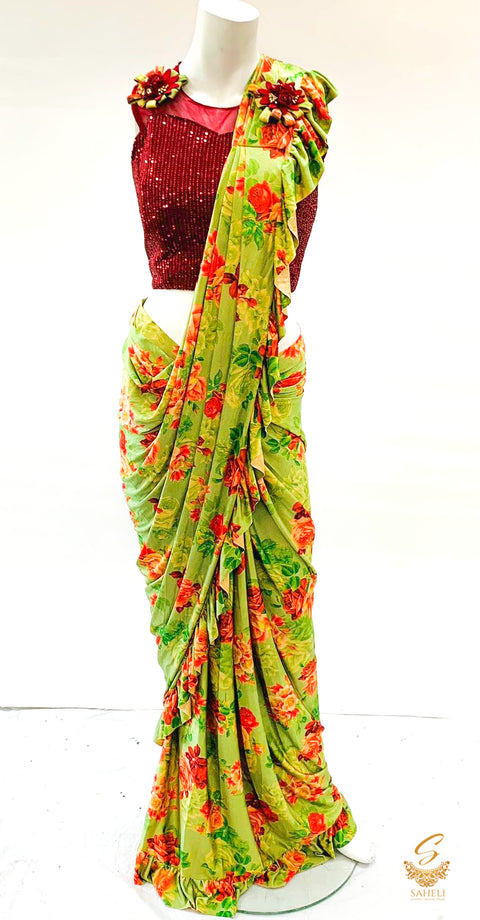 Floral print beautiful stretchy fabric saree with sequin work readymade blouse size 40 (upto 44)