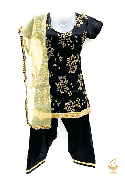 Black colour georgette based beautiful golden embroidery kids punjabi suit