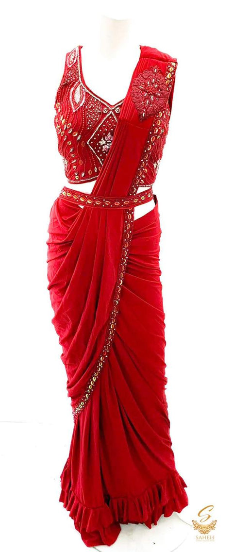 Size 40 (upto 42) Maroon colour all over sequind with pearl & mirror work blouse with readymade  saree & Designer waist belt