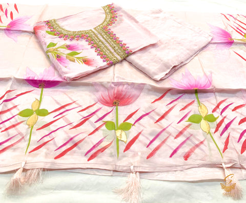 Baby pink colour soft organza fabric with block printing & handwork on neck With pure bottom fabric extra soft , & crape silk blockk print design dupatta