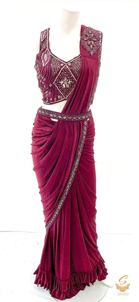 Size 34(upto 36) Deep Plum colour all over sequind with pearl & mirror work blouse with readymade  saree & Designer waist belt