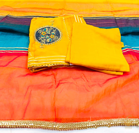 Mustard and mazenta teal colour gotta patti work beautifully design organza silk suit With organza dupatta