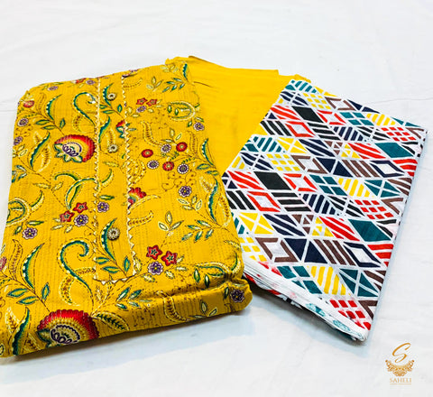 Yellow colour pure cotton based printed suit with sequin work & beautiful print cotton dupatta