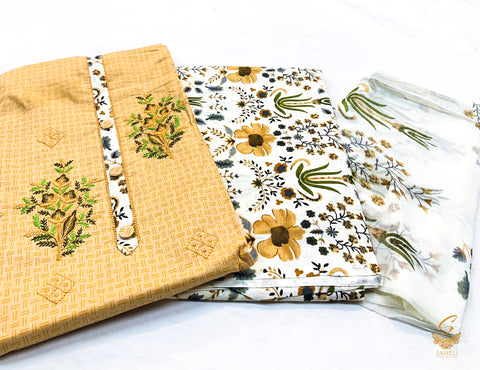 Dark golden beige colour pure cotton based printed suit with beautiful print dupatta
