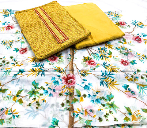 Mango  yellow colour pure cotton based printed suit with beautiful print dupatta