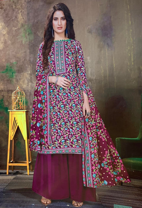 Designer Woolen Collection Fabric   TOP :- *Pashmina jacquard Print with exclusive Swarovski  Diamond WORK cut:-2.50 mtr appx BOT:-  *Heavy spun bottom 2.50mtr  Dupatta:- TWILL SHAWL * PRINTED 2:25 cut   Size: Unstitched