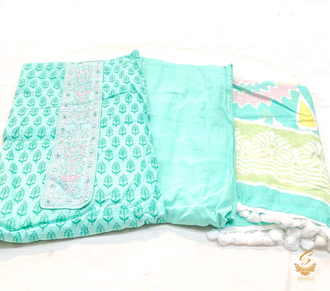 Seafoam green colour pure cotton suit with printed cotton dupatta