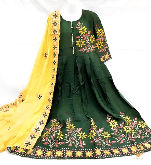 size 40-42 Dark Mehndi green colour tassar silk beautiful handwork embroidery on front & back anarkali suit with unstitched bottom pents (can be stitched anystyle, we provide stitching) & Pure chinnon full size heavy embroidery work mustard colour dupatta