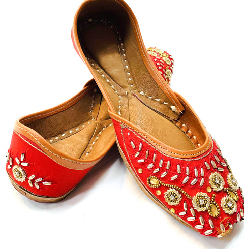 Red colour handwork with sippy and stones beaded beautiful punjabi jutti