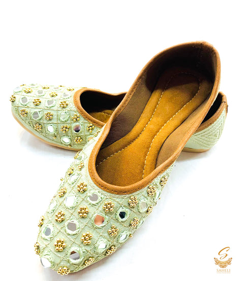 Pastel mint colour pearl beaded with mirror work beautiful punjabi jutti
