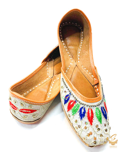 Pastel Grey Colour , Embroidery Work With Sequins Beautiful Designed Punjabi Jutti , Soft Cushions inside