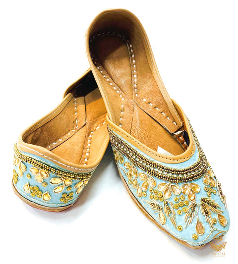Sky blue colour jerkan stones & moti beaded beautiful designed punjabi jutti