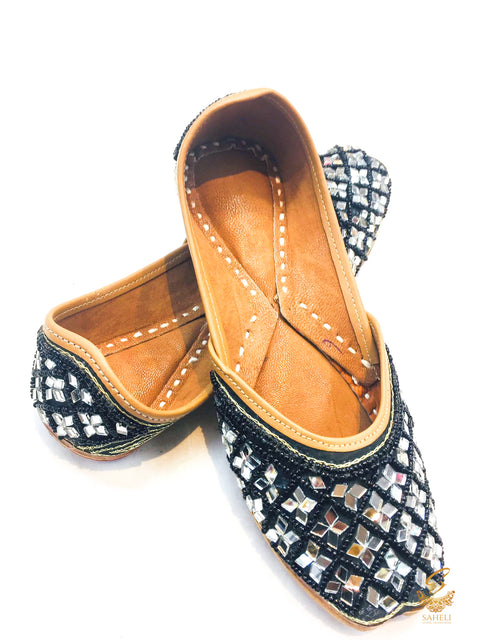 Black Colour Beautiful Pearls beaded and mirrors hand Work Punjabi jutti
