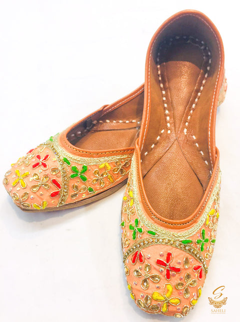 Peach colour stone work with multicoloured embroidery hand work punjabi jutti