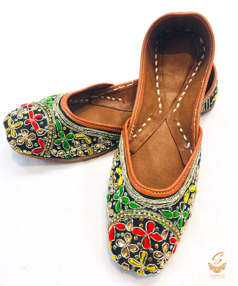 Black colour stone work with multicoloured embroidery hand work punjabi jutti