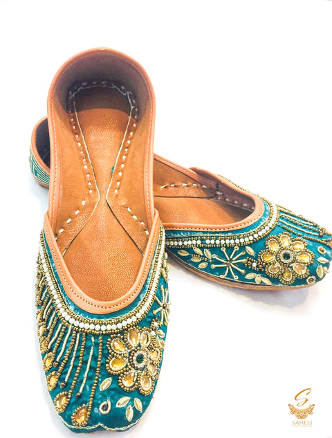 Teal Colour Beautiful Pearls And Tilla Hand Work Punjabi jutti