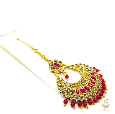 Dark Maroon pearls & stone with golden stone beautiful tikka