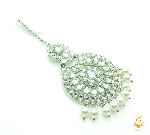 Silver polki stone with pearls beautiful tikka