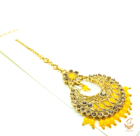 Dark yellow pearls & stone with golden stone beautiful tikka