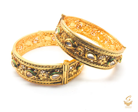 Screw Openable Set of 2 Traditional Designer Gold Plated (not original gold) with kundan stone beautiful Kada Bangles