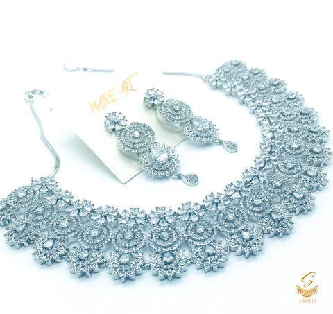 Silver American Diamond  Beautiful heavy work semi bridal  necklace set