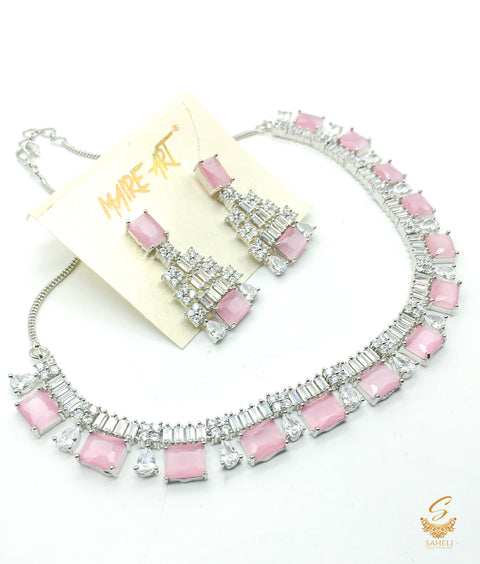 Silver & Pink crystals American Diamond  Beautiful necklace set