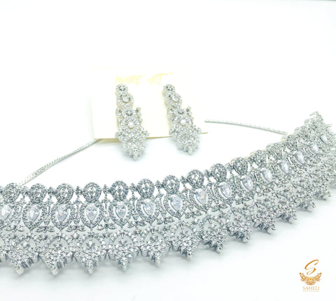 Silver American Diamond  Beautiful heavy work semi bridal necklace set
