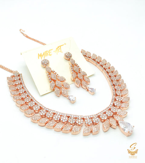 Rosegold American Diamond  Beautiful heavy work semi bridal necklace set