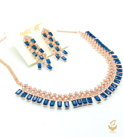 Rosegold and Blue Sapphire Stone American Diamond  Beautiful necklace set