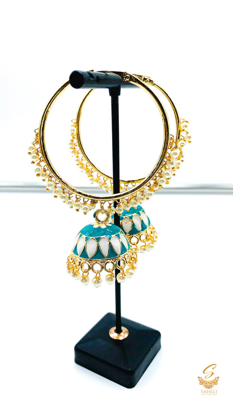 Teal colour beautiful meenakari work with pearls jhumka Balian