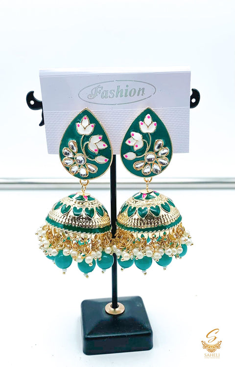 Dark green colour beautiful meenakari work with kundan stone & pearls jhumka