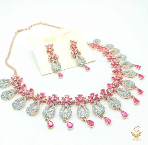 Rosegold and Ruby Pink American Diamond  Beautiful necklace set