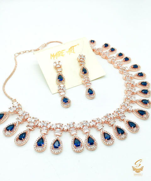 Rosegold and Blue Sapphire American Diamond  Beautiful necklace set