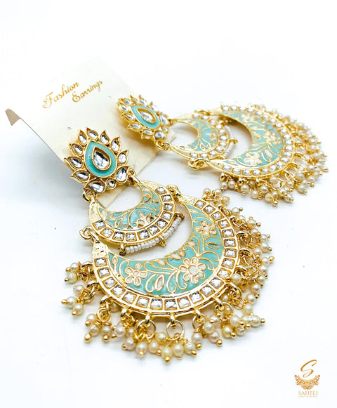 Pastel Blue Colour Mennakri Work With Kundan & Pearls Chandbali Earrings
