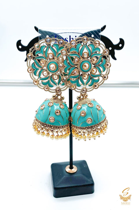 Pastel seafoam colour beautiful meenakari work with kundan stone & pearls jhumka