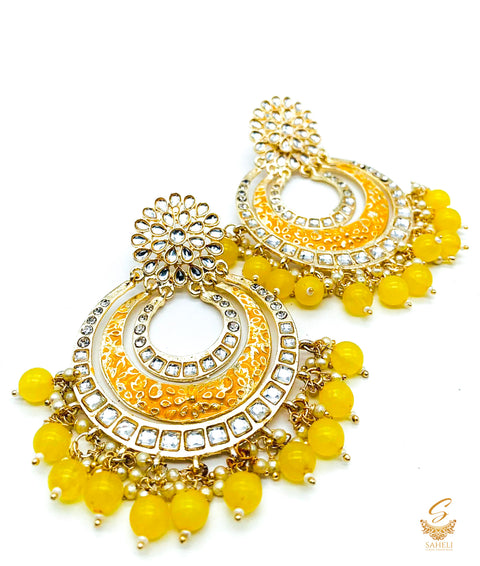 Mustard Colour Mennakri Work With Kundan & Pearls Chandbali Earrings