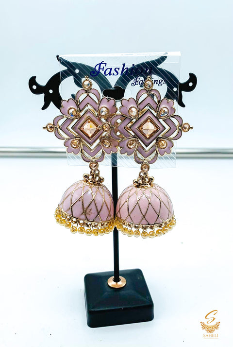 Pastel baby pink colour meenakari work with Polki stones beautiful jhumka