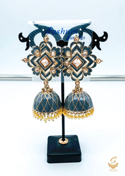 Dark Grey colour meenakari work with Polki stones beautiful jhumka