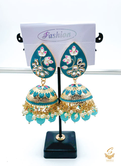 Teal colour beautiful meenakari work with kundan stone & pearls jhumka